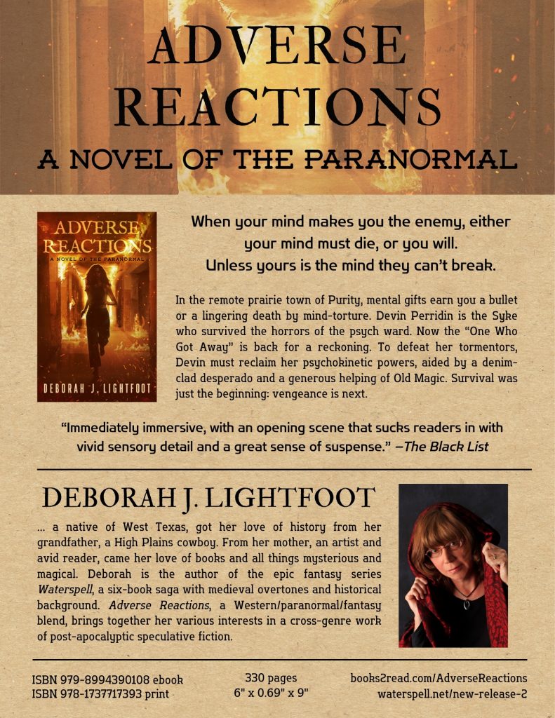 A one-page flyer about Adverse Reactions: A Novel of the Paranormal by Deborah J. Lightfoot